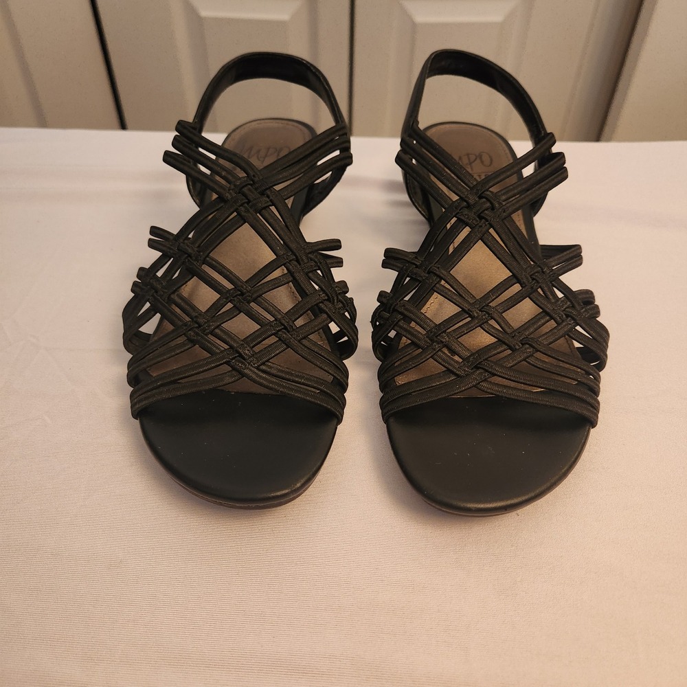 Impo Reah Black Stretch Caged Strappy Slingback Wedge Sandals Womens 7.5M